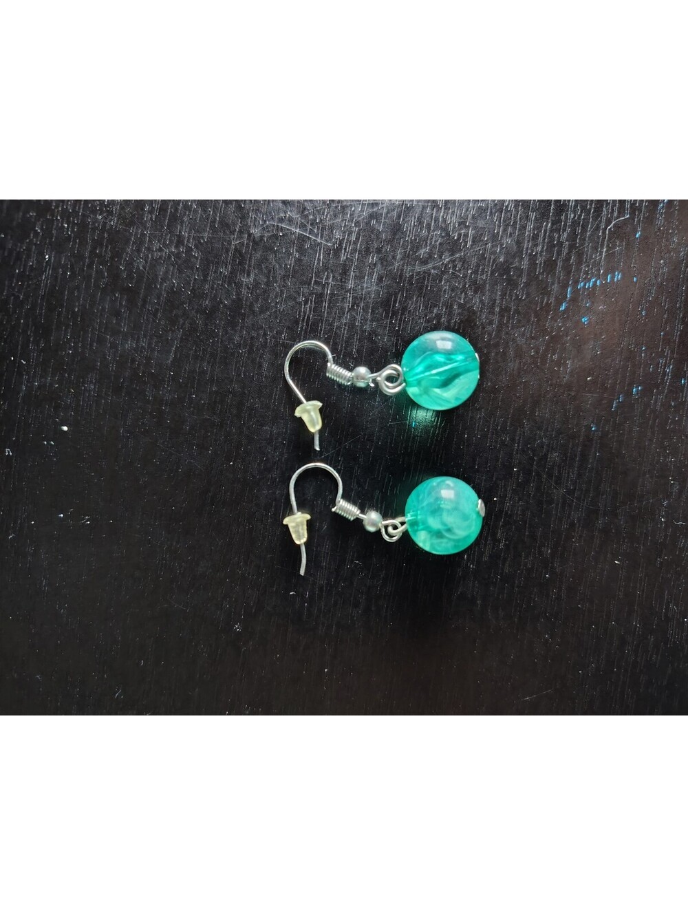 Green Swirl Marble Glass Bead Dangle Drop Earrings Silver Fishhook Wires Y2K